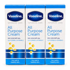Three tubes of Vaseline Intensive Care All Purpose Cream, moisturizing skin care product in a 3-pack set.