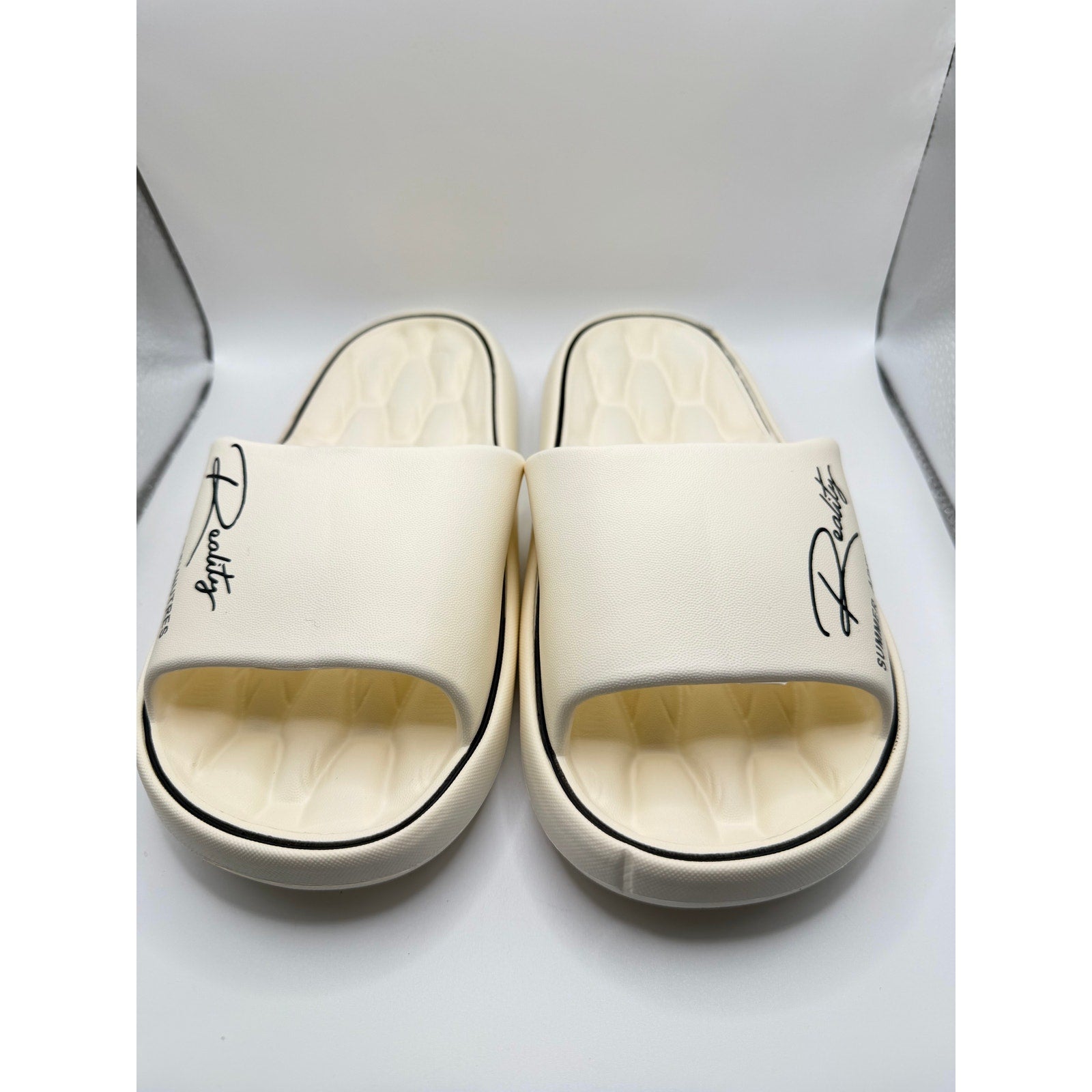 BusyLion white comfort slides for women, size US 6.5, Euro 36-37, with cushioned straps and slip-on style.