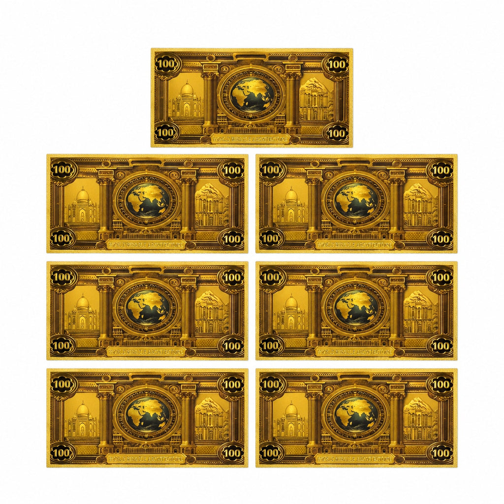 Set of 7 7-Wonders of the World novelty note cards with gold foil accents, featuring vibrant designs of iconic world landmarks.