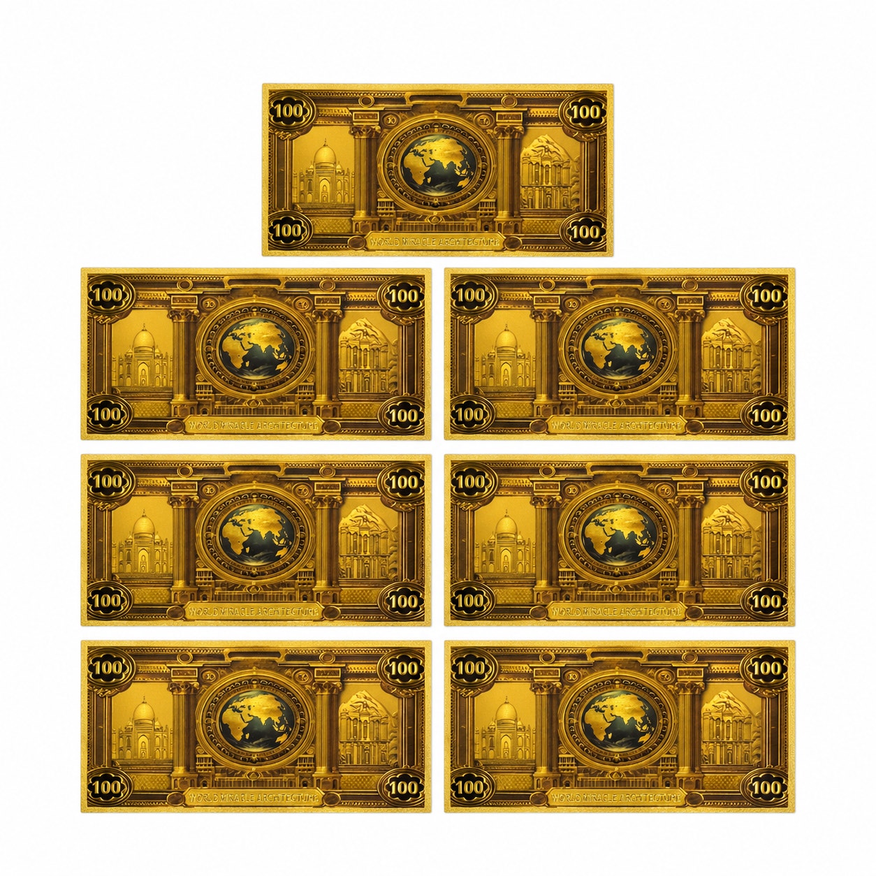 Set of 7 7-Wonders of the World novelty note cards with gold foil accents, featuring vibrant designs of iconic world landmarks.
