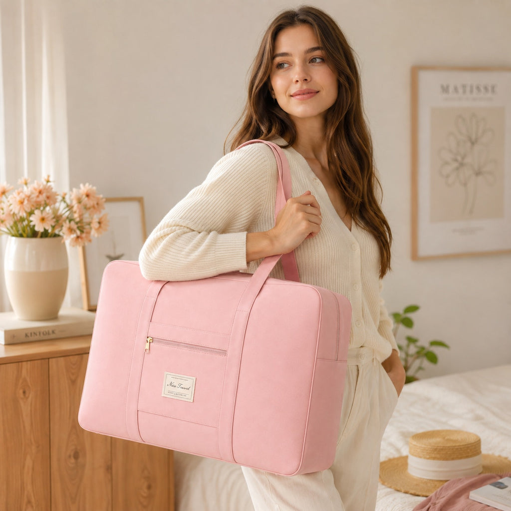 Pink 11x16.5-inch travel tote bag by Nice Travel with sturdy handles and spacious interior for travel essentials.