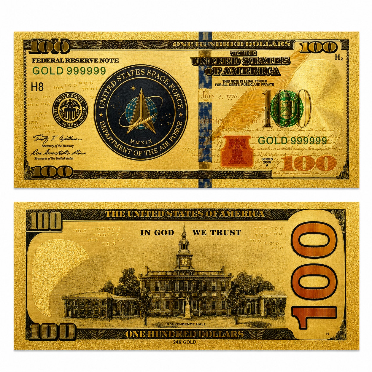 US Space Force commemorative gold-foil note by Republic Mercantile, featuring space-themed design and intricate gold details.