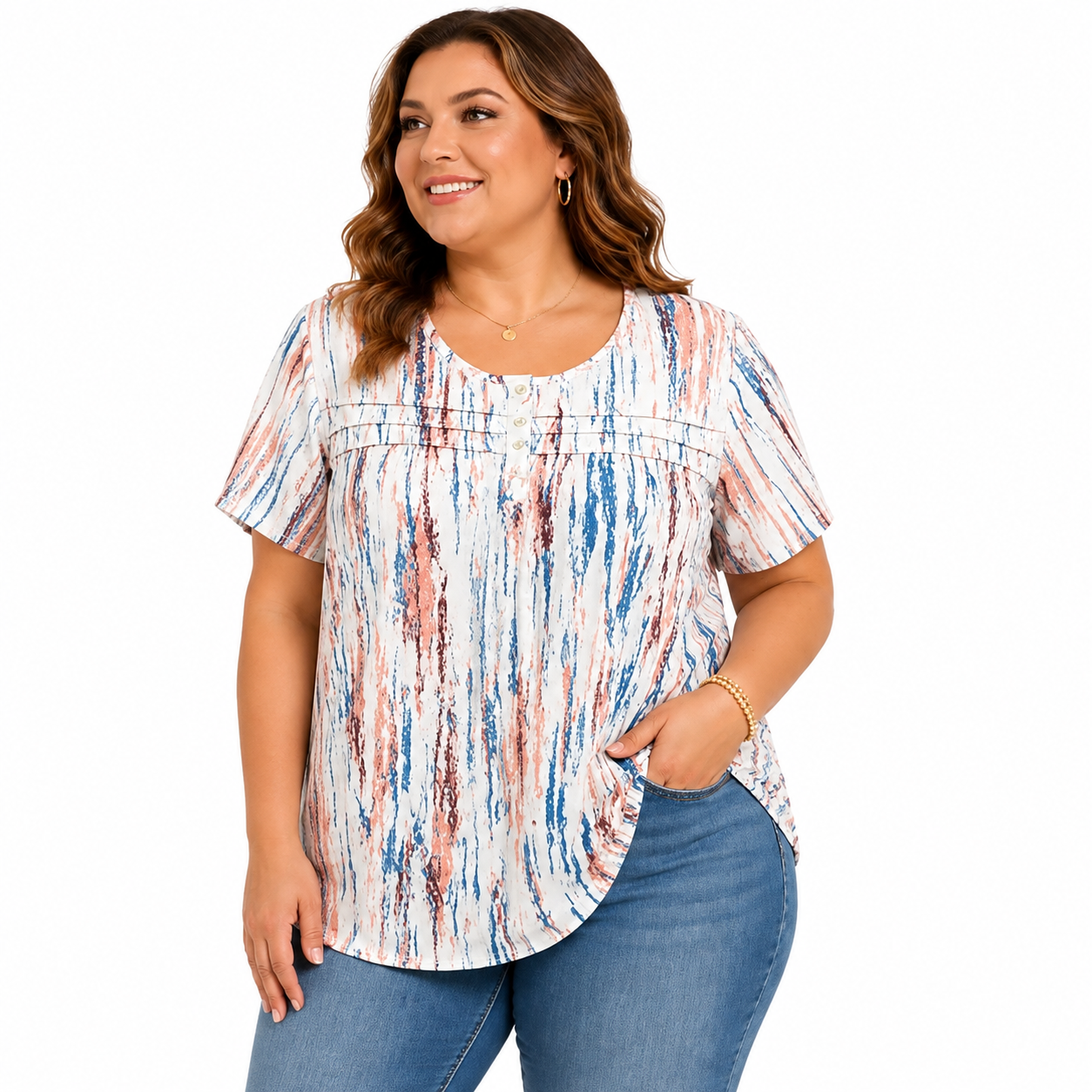 White multi-color abstract print blouse by Fantaslook, short sleeve, stylish design, casual fit, size XL.