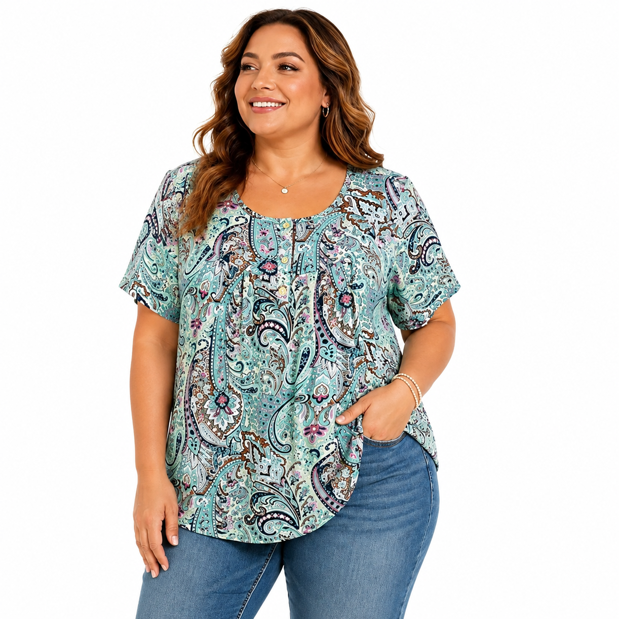 Fantaslook mint green paisley print blouse with short sleeves, designed for women, in size XL.