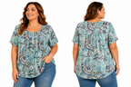 Fantaslook mint green paisley print blouse with multicolor details, short sleeves, and an XL fit, casual and stylish for everyday wear.