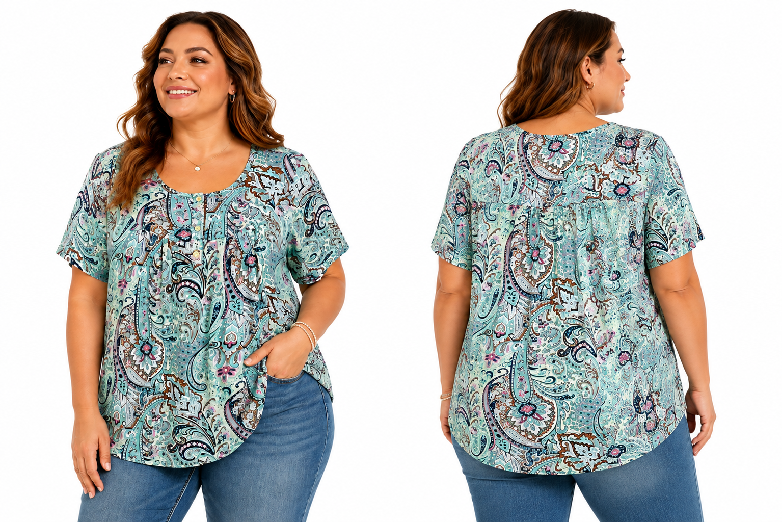 Fantaslook mint green paisley print blouse with multicolor details, short sleeves, and an XL fit, casual and stylish for everyday wear.