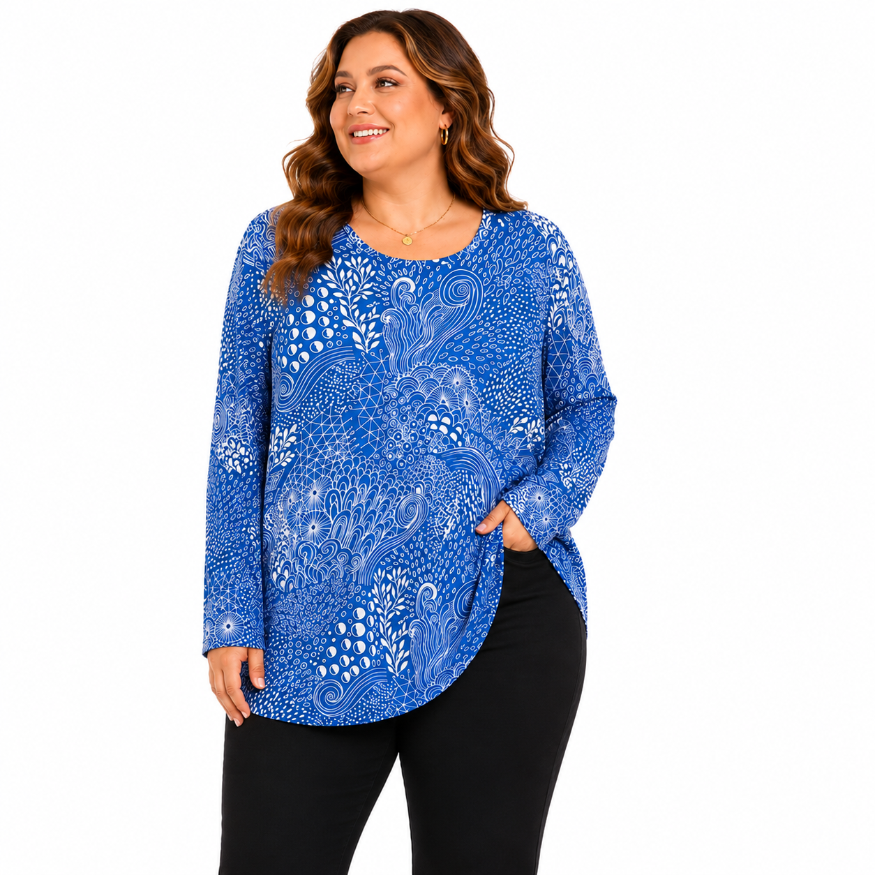 Fantaslook blue and white long sleeve tunic top for women, size 2XL, with a relaxed fit and stylish design.