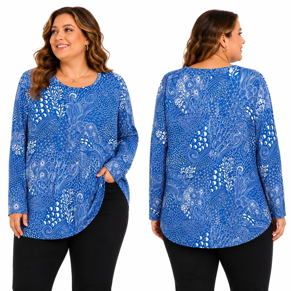 Blue and white long sleeve tunic top by Fantaslook in 2XL size, featuring a stylish, comfortable fit with a casual design.