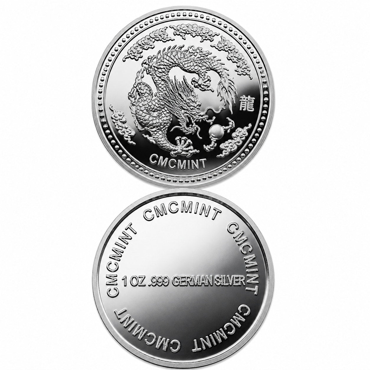 German silver Year of the Dragon coin by CMC Mint, 1 Troy oz collectible coin featuring intricate dragon design.