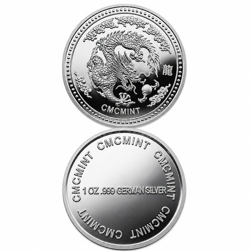 German silver Year of the Dragon coin by CMC Mint, 1 Troy oz collectible coin featuring intricate dragon design.