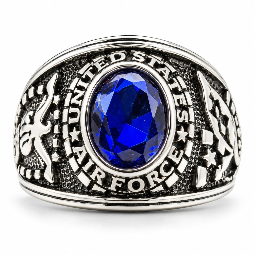 Men's US Air Force Signet Ring in silver and blue, size 9, featuring Air Force emblem and detailed design.
