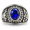 Men's US Air Force Signet Ring in silver and blue, size 9, featuring Air Force emblem and detailed design.