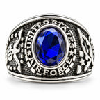 Men's US Air Force Signet Ring in silver and blue, size 9, featuring Air Force emblem and detailed design.