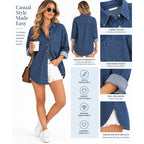 Fantaslook women's denim shirt with long sleeves and button-down design, size small, casual stylish denim blouse.
