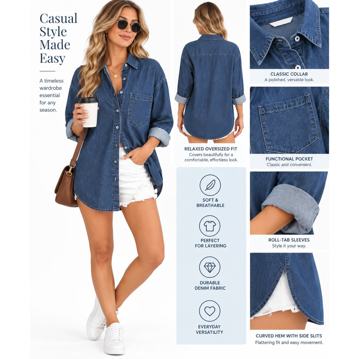 Fantaslook women's denim shirt with long sleeves and button-down design, size small, casual stylish denim blouse.