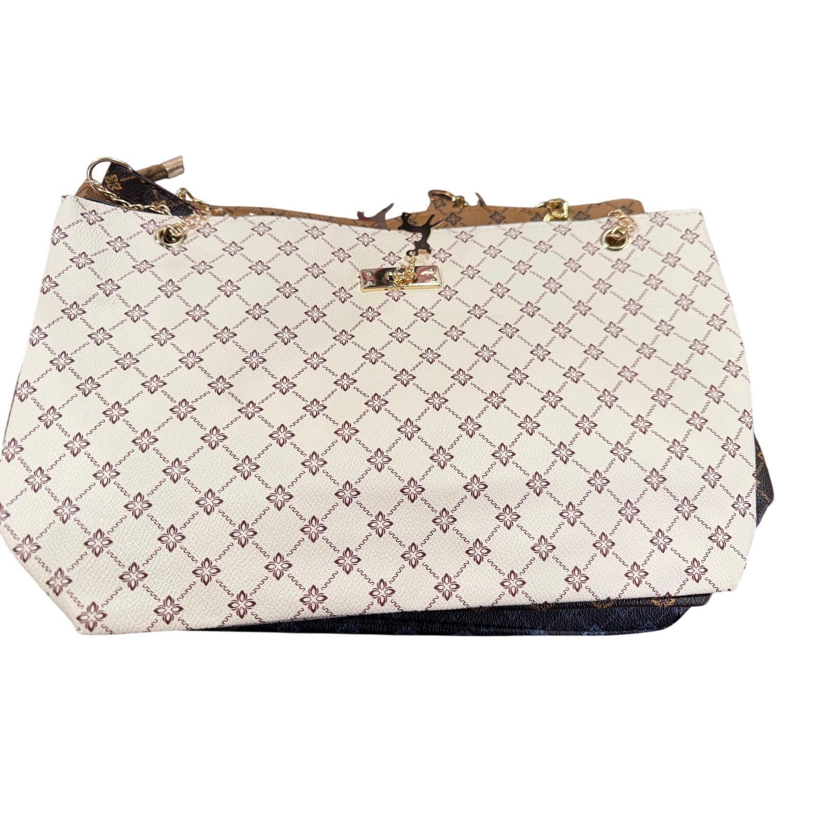 Sandglass Women's shoulder tote bag in white with gold accents, casual style, featuring shoulder straps and spacious interior.