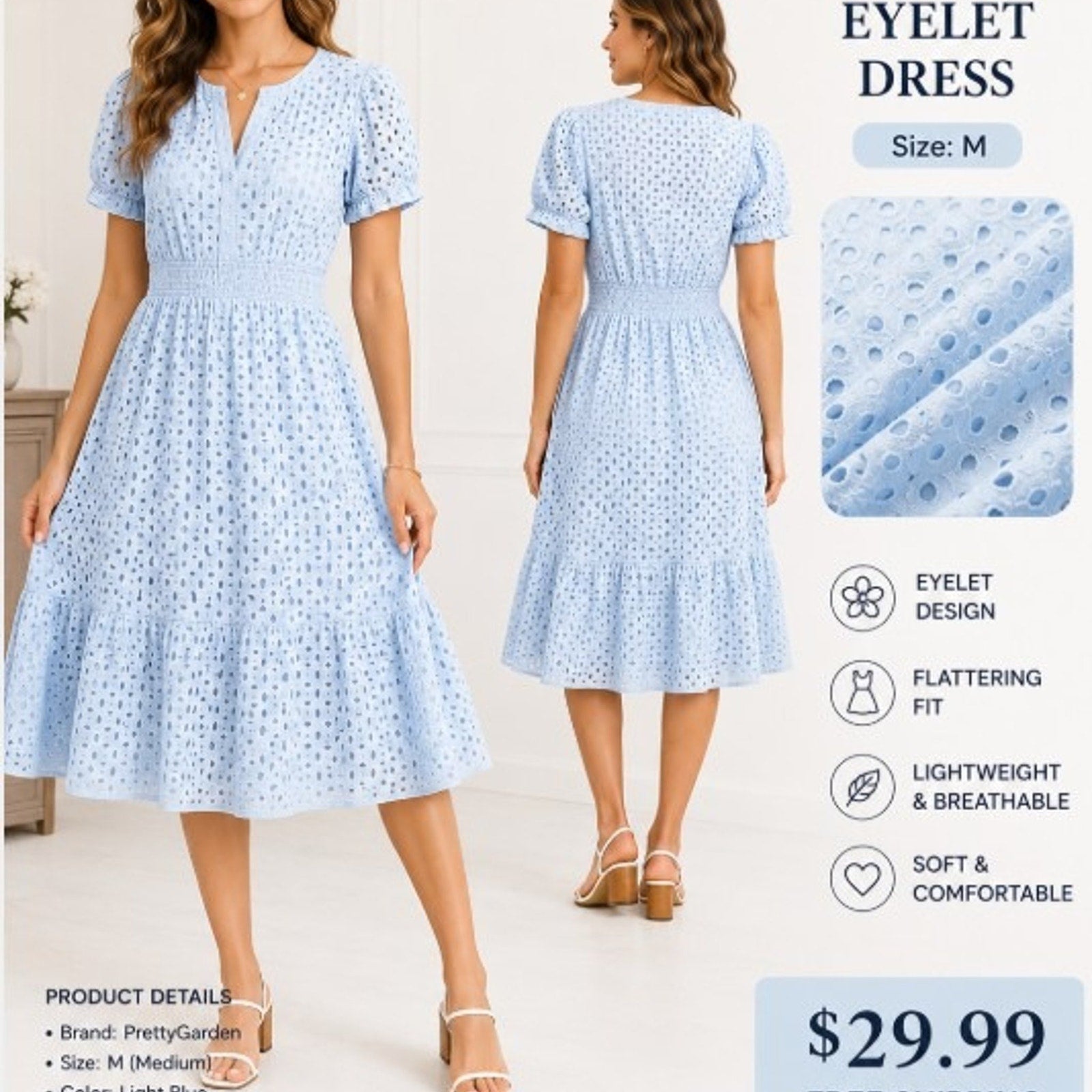 NEW PrettyGarden Eyelet Mini Dress Light Blue Size M Puff Sleeve FREE Shipping