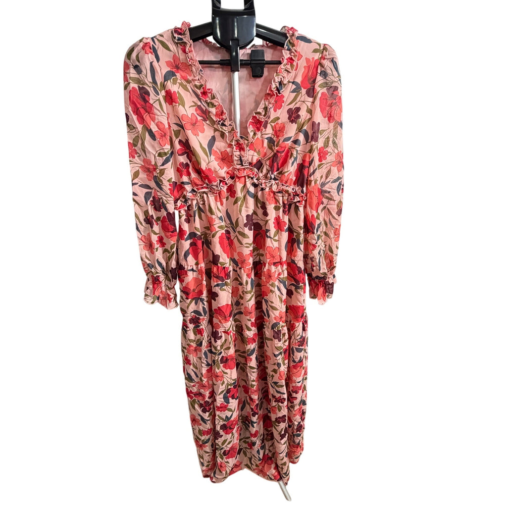 Shewin women's boho midi floral dress with long sleeves, perfect for summer, shown in size M with a flowing, patterned fabric.