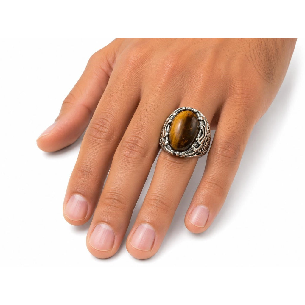 NEW Men's Tiger Eye Stone Ring Silver Band Size:9