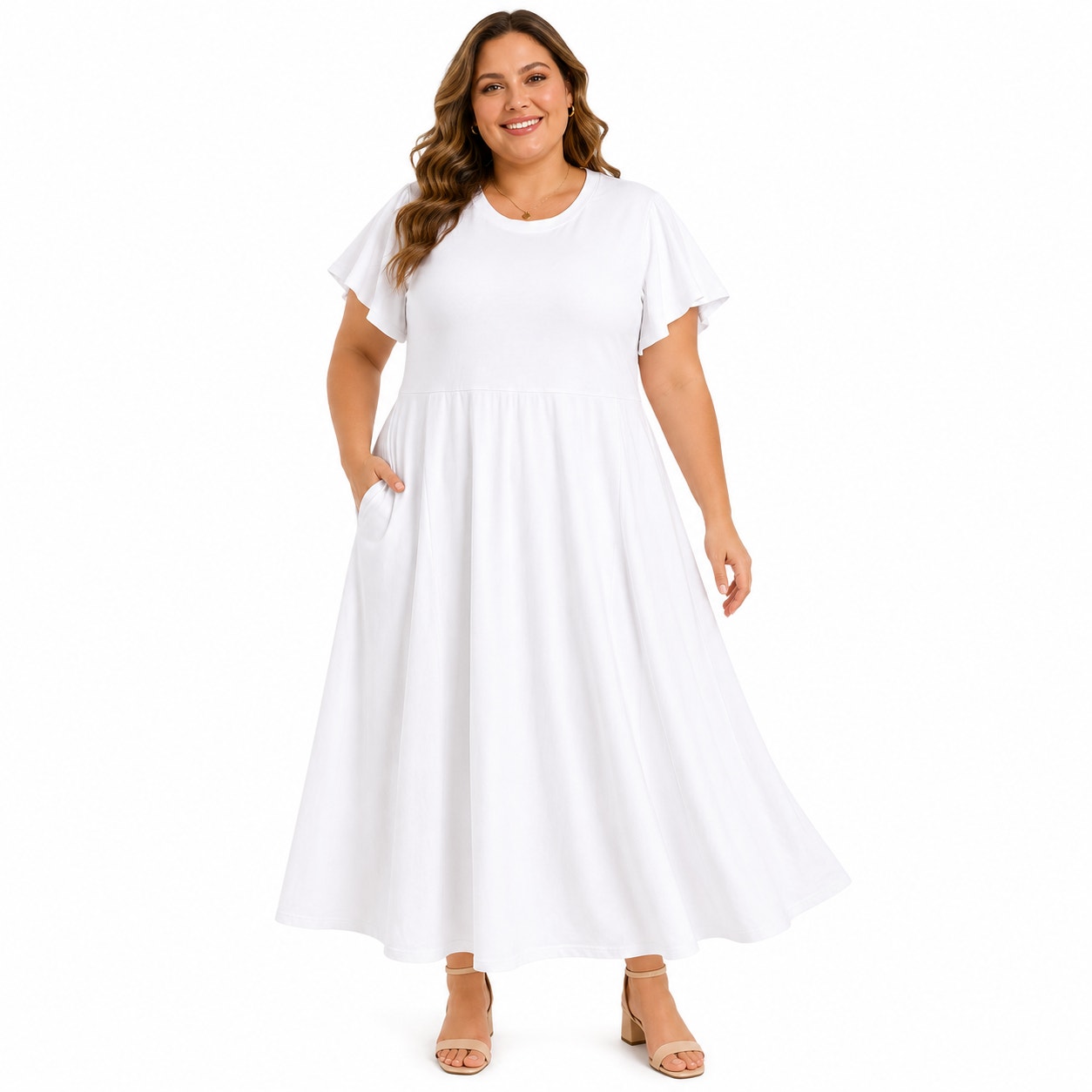 Jesdani women's white maxi dress with flutter sleeves, size 2XL, flowing and elegant for casual or special occasions.