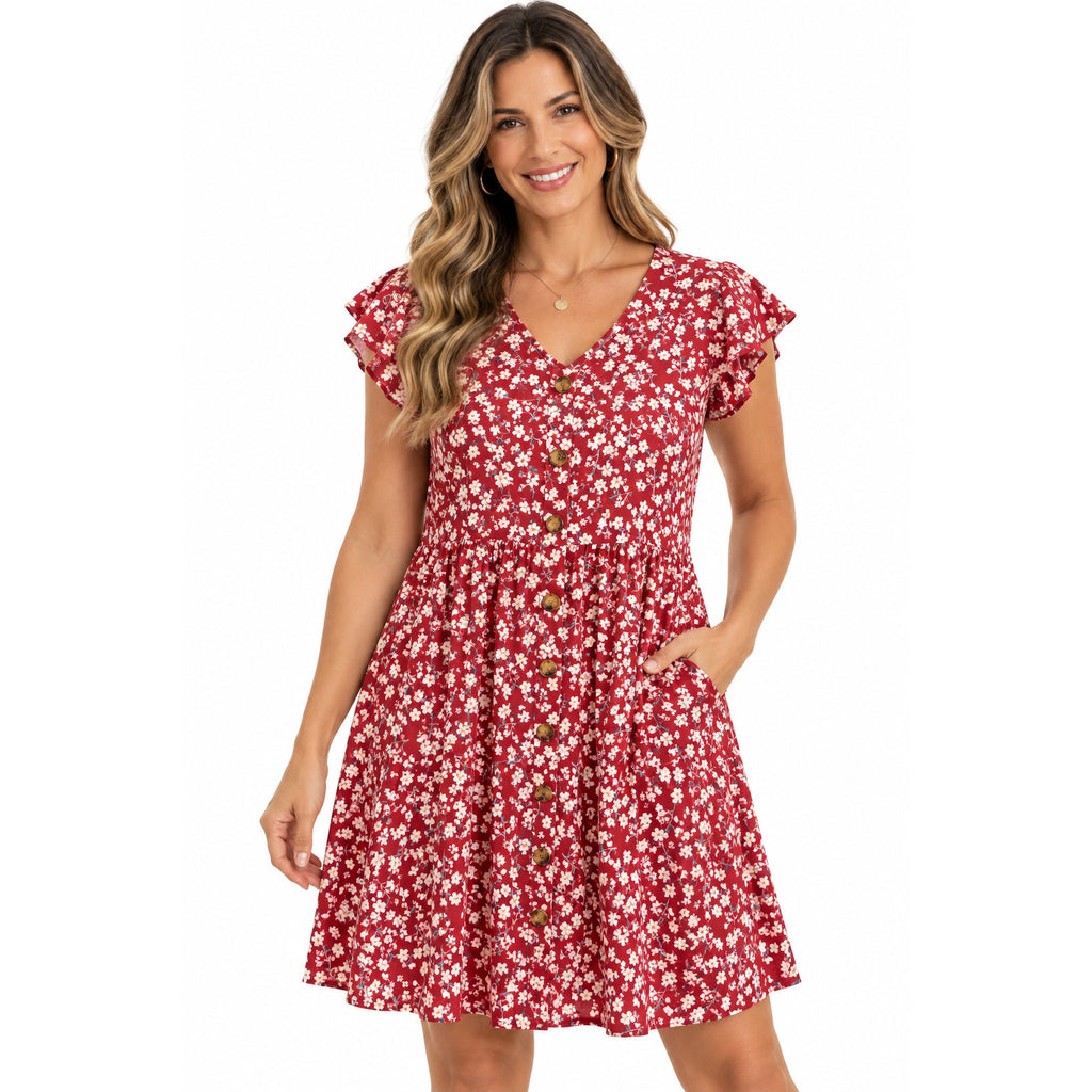 Fantaslook women's summer floral midi dress with V-neck, ruffle sleeves, and pockets, size L, displayed on a hanger.