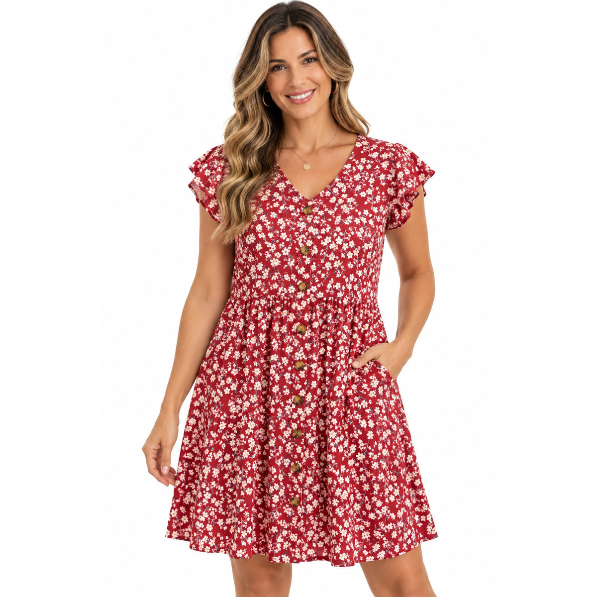 Fantaslook women's summer floral midi dress with V-neck, ruffle sleeves, and pockets, size L, displayed on a hanger.