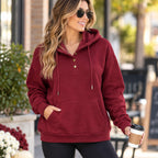 Moshu women's half-button sweatshirt hoodie with drawstring, size L, in soft fabric, casual pullover for comfortable everyday wear.