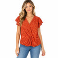 Fantaslook V-neck women's top dressy ruffle sleeve shirt, button-up tunic, size M, featuring stylish ruffle details and a classic fit.