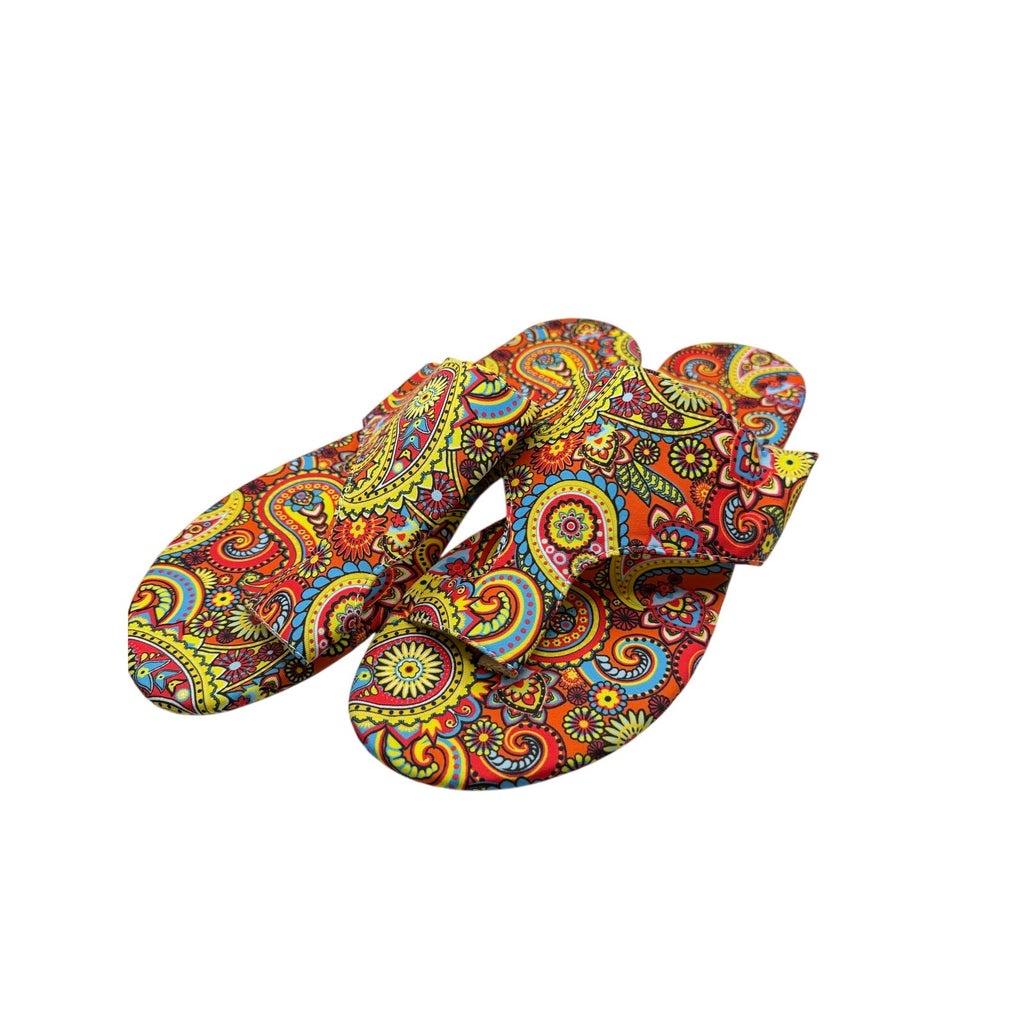 Women's boho multi-color slip-on sandals by Republic Mercantile, size 11, featuring vibrant patterns and comfortable open-toe design.