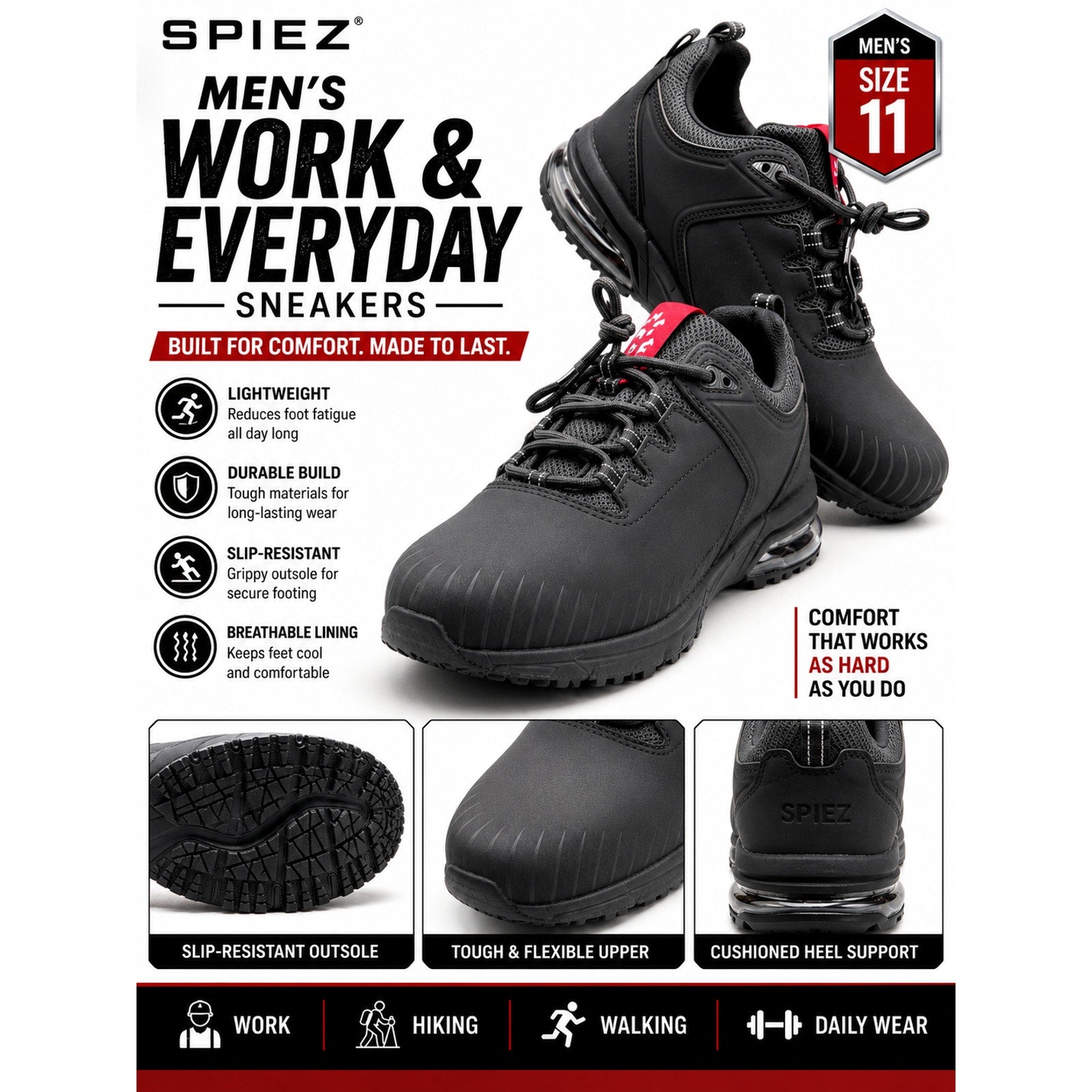 SPIEZ Composite Toe Shoes for Men Work, Safety Shoes Lightweight Size 11