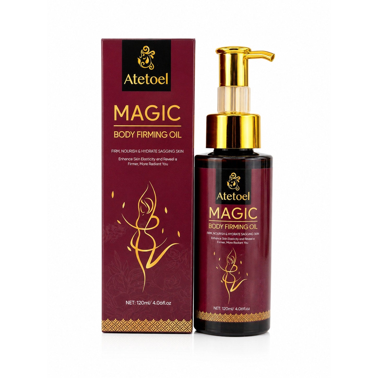 Atetoel Magic Body Firming Oil bottle, 4.06 fl oz, with natural ingredients and smooth packaging visible in the image.