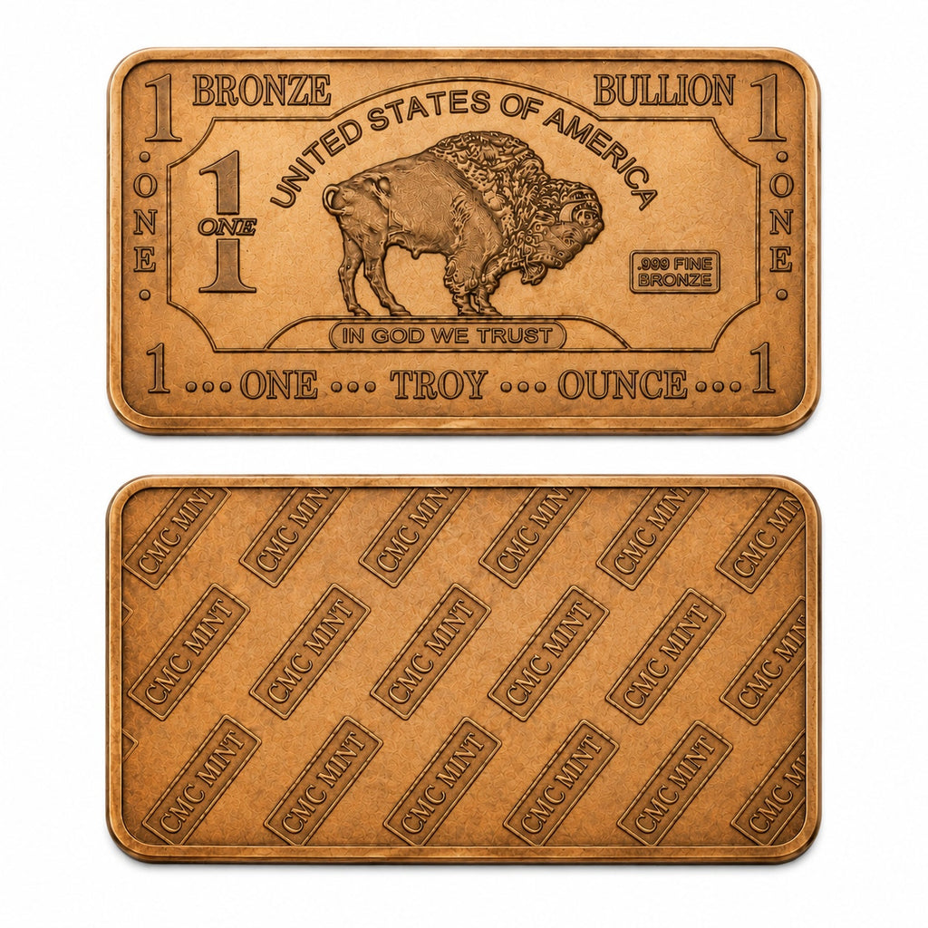Troy oz bronze alloy collectible bar by CMC Mint featuring detailed engravings and a polished finish.