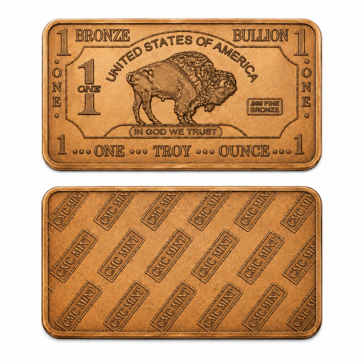 Troy oz bronze alloy collectible bar by CMC Mint featuring detailed engravings and a polished finish.