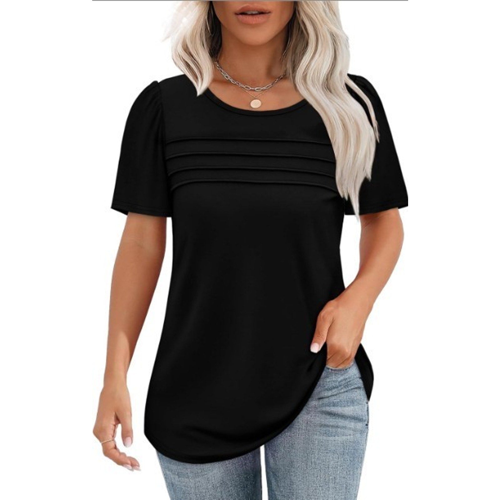 Fantaslook black short sleeve pleated front blouse in size 2XL, featuring a stylish, flowy design and elegant pleats.