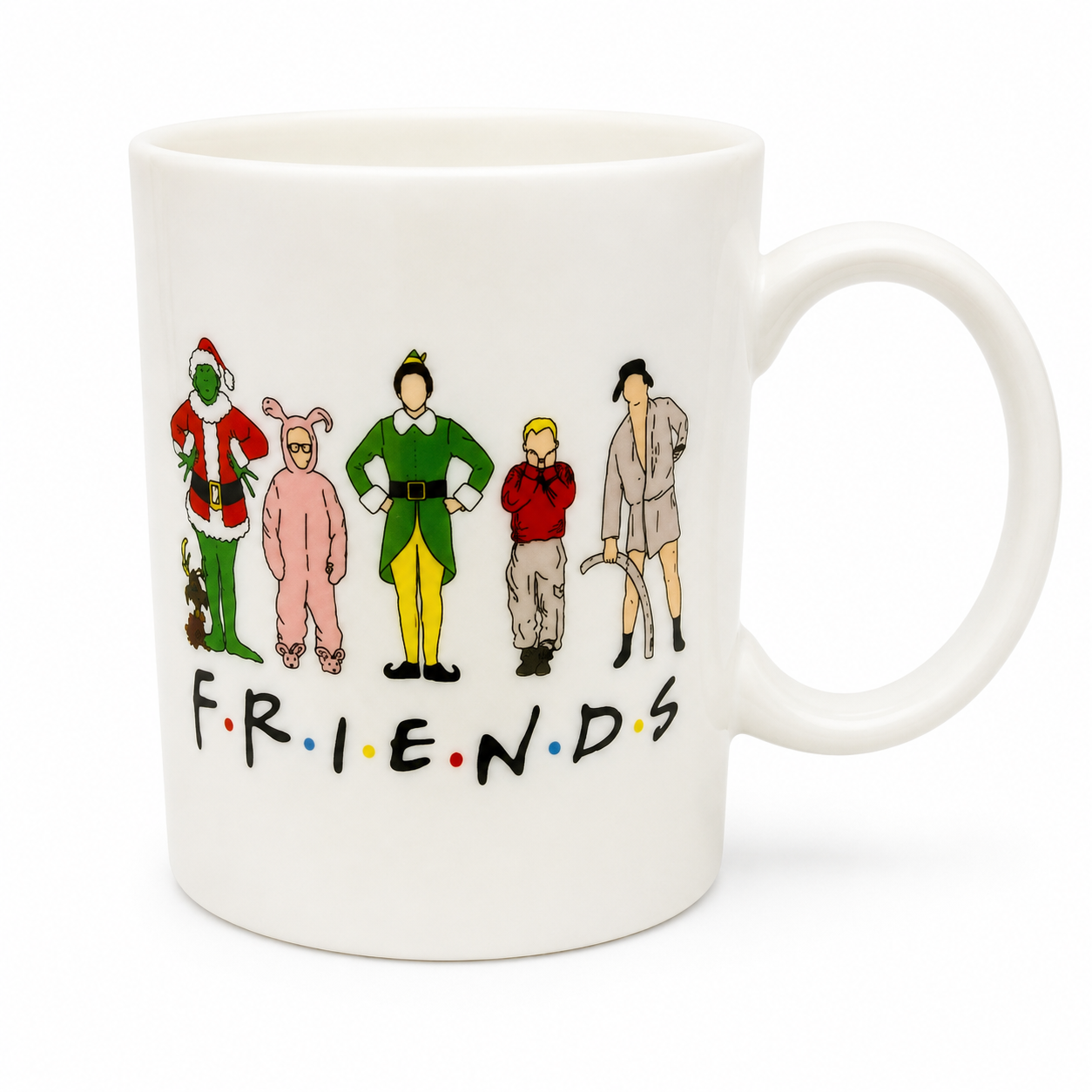 Friends ceramic coffee mug featuring Grinch, Vacation, and other popular characters from the TV show, by Republic Mercantile.
