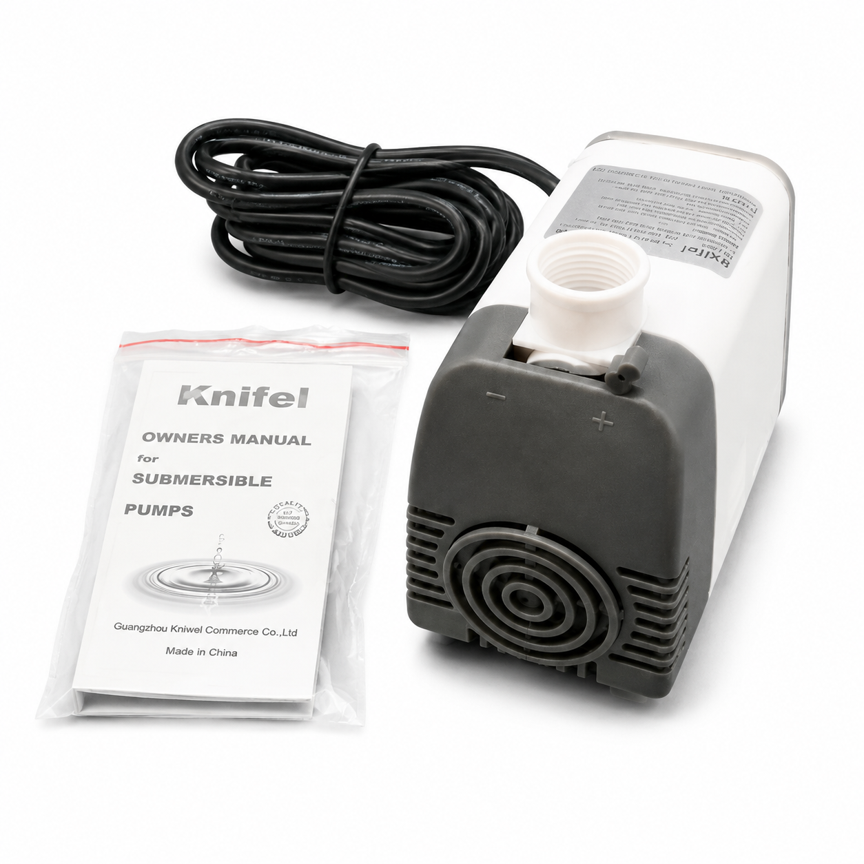 Knifel AT-707 submersible water pump with adjustable flow rate, 880 GPH, 45W, shown in a close-up image.