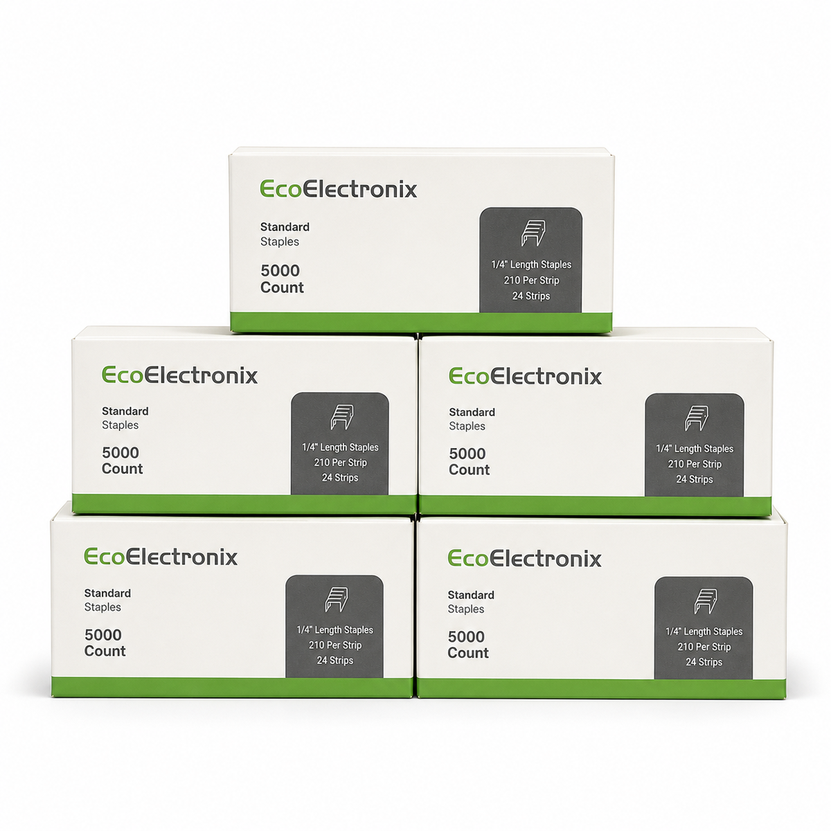 EcoElectronix 1/4-inch staples in a pack of five boxes, jam-free design, totaling 25,000 staples for high-volume use