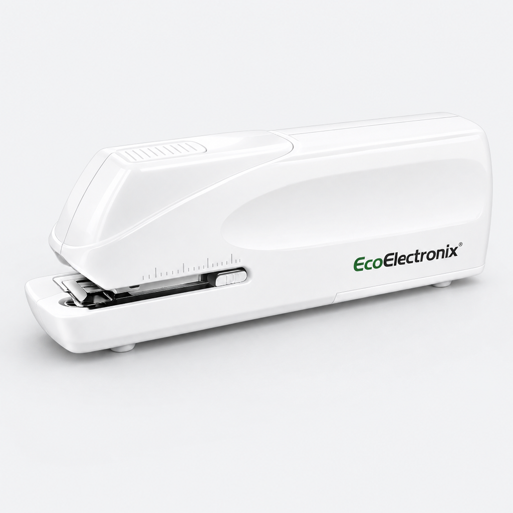 EcoElectronix automatic electric stapler in white, jam-free design, handles 30 sheets, operates with AC or battery power.