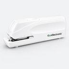 EcoElectronix automatic electric stapler in white, jam-free design, handles 30 sheets, operates with AC or battery power.